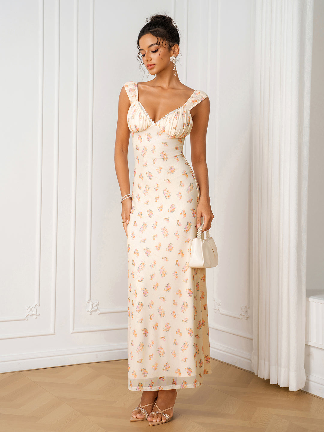 Tie Back Lace Trim Ruched Bust Floral Print Dress