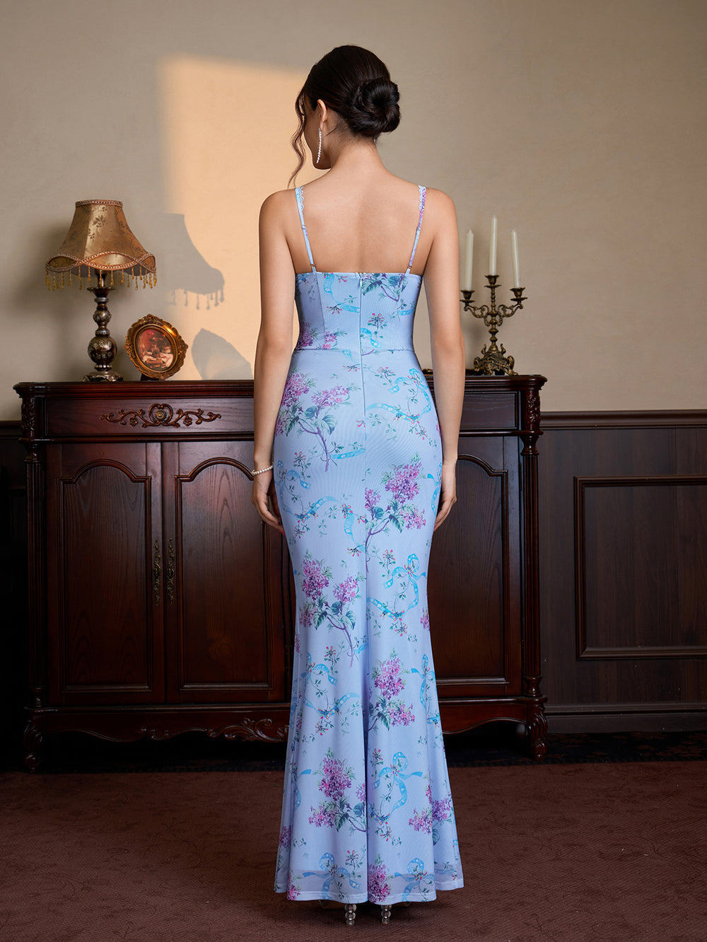Lace Trim Zipper Tie Front Floral Print Mesh Dress#color_bluefloral