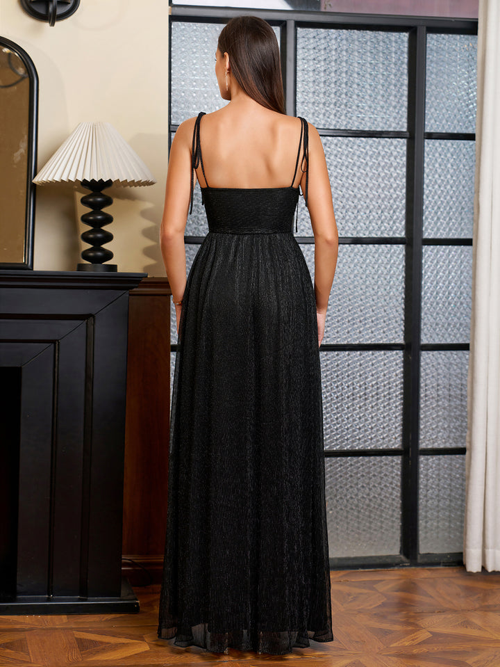 Lacing Cut Strap Out Glitter Maxi Dress#color_black