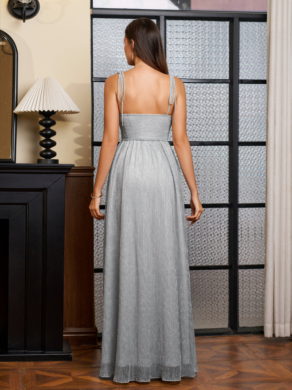 Lacing Cut Strap Out Glitter Maxi Dress#color_bluegrey