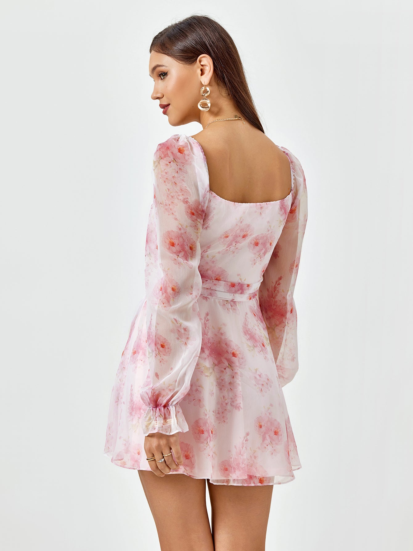 backless lantern sleeve floral mini dress#color_pink