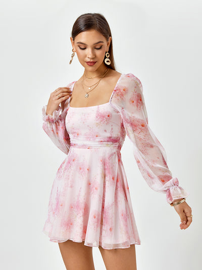 floral backless lantern sleeve mini dress#color_pink