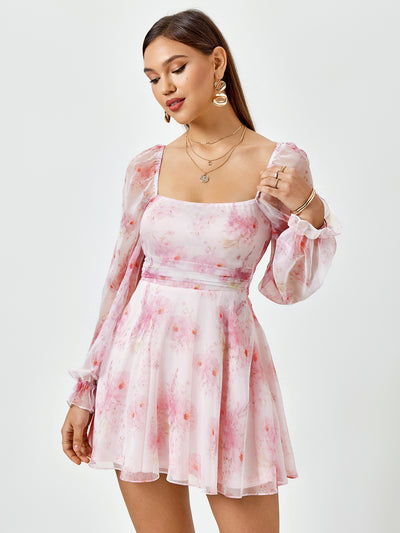 lantern sleeve floral backless mini dress#color_pink