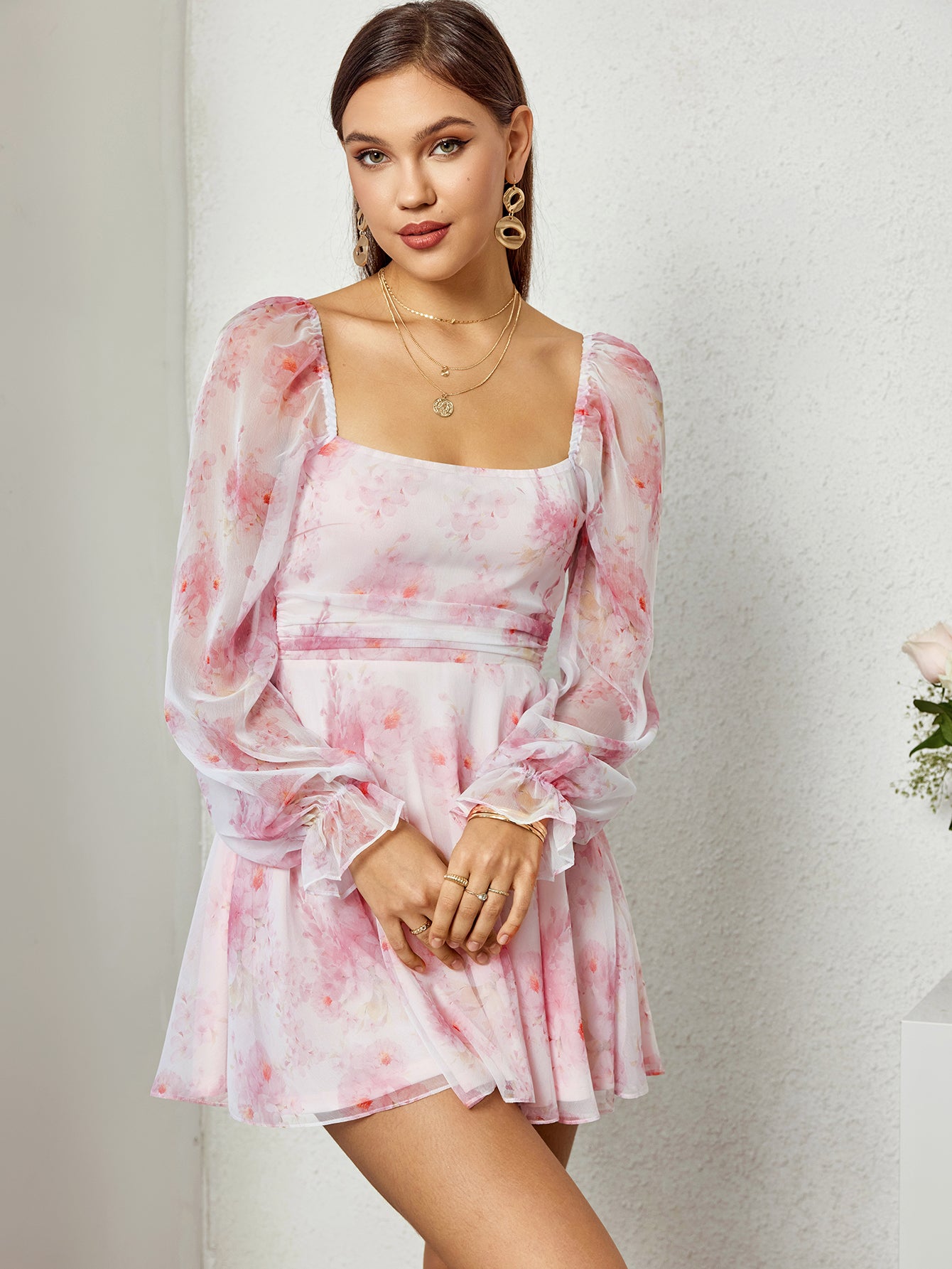 floral lantern sleeve backless mini dress#color_pink