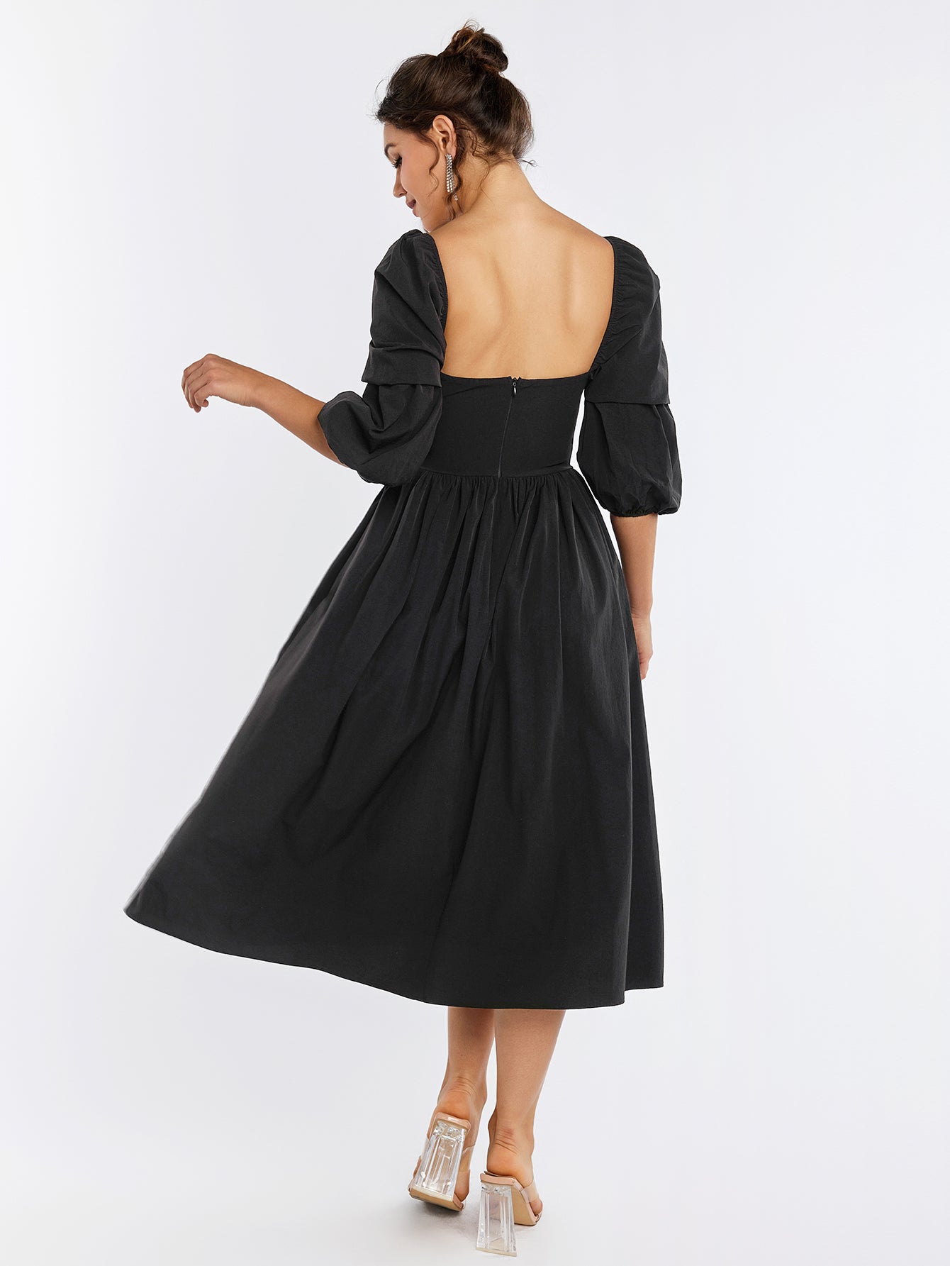 backless lantern sleeve zipper midi dress#color_black