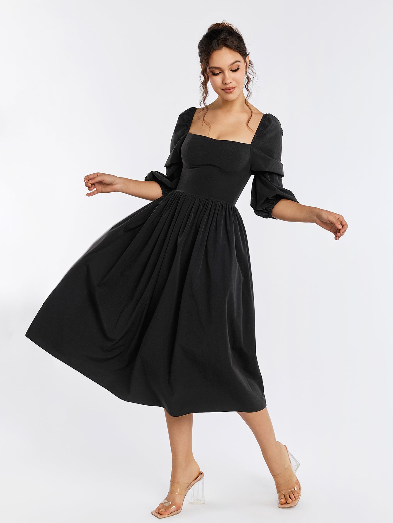 backless zipper lantern sleeve midi dress#color_black
