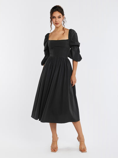 lantern sleeve backless zipper midi dress#color_black
