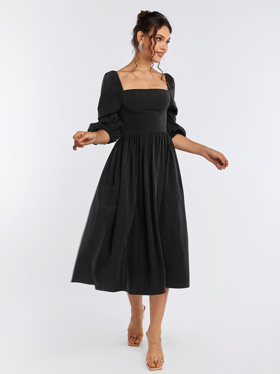 zipper lantern sleeve backless midi dress#color_black
