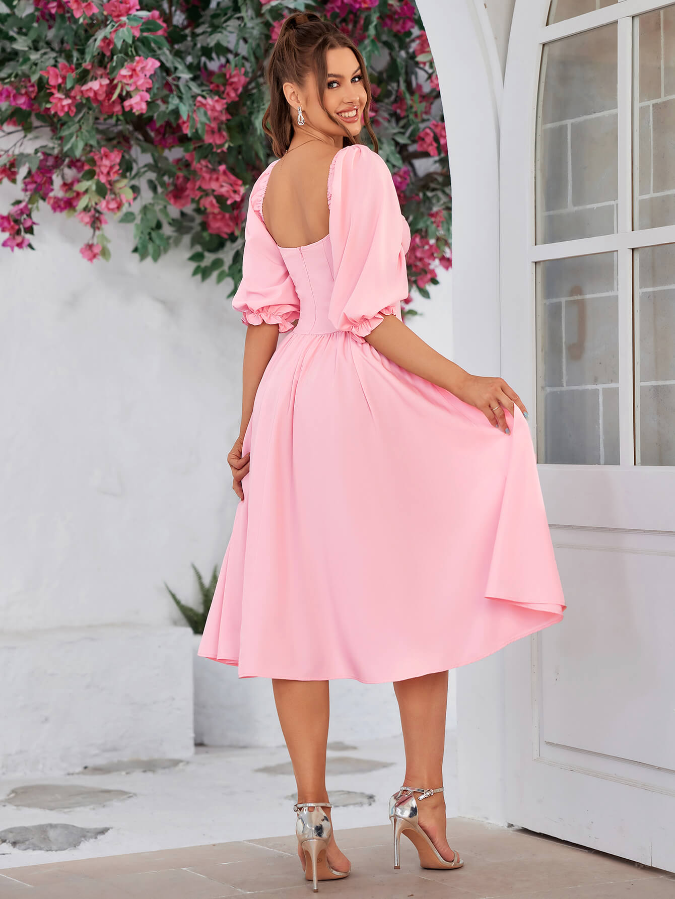 backless lantern sleeve corset midi dress#color_pink
