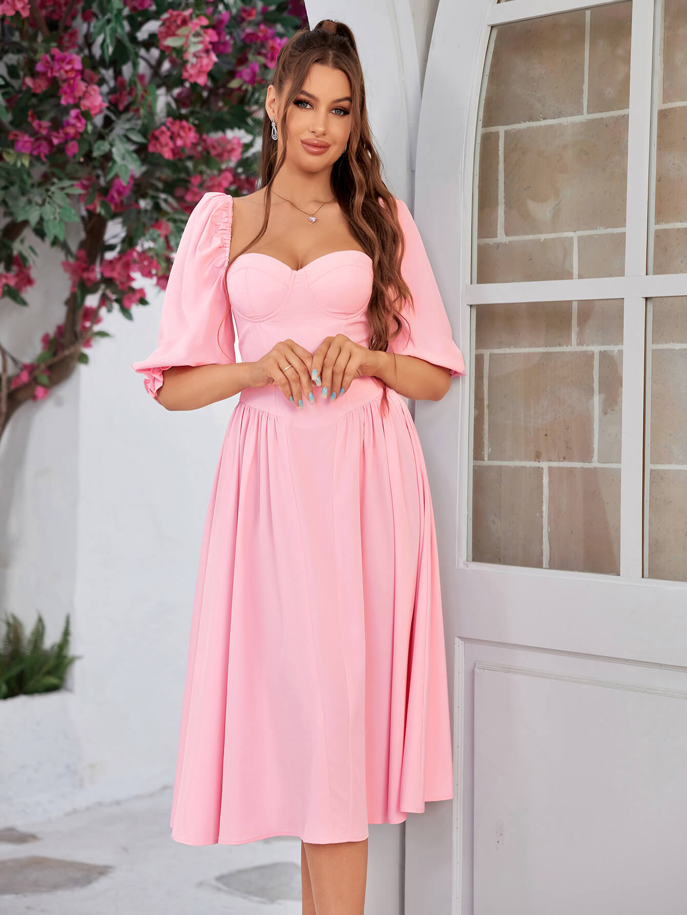 backless corset lantern sleeve midi dress#color_pink