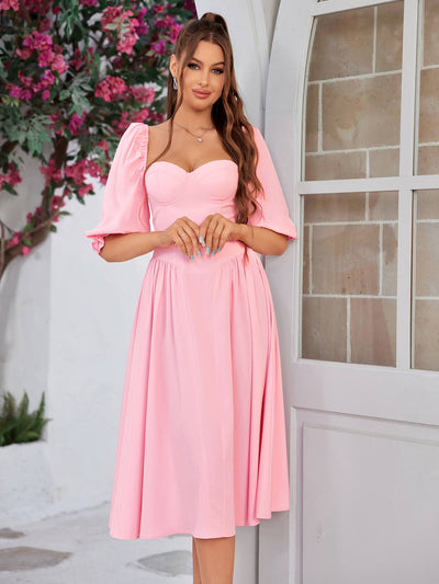 backless corset lantern sleeve midi dress#color_pink