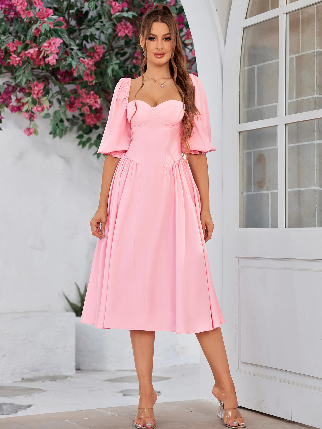 corset backless lantern sleeve midi dress#color_pink