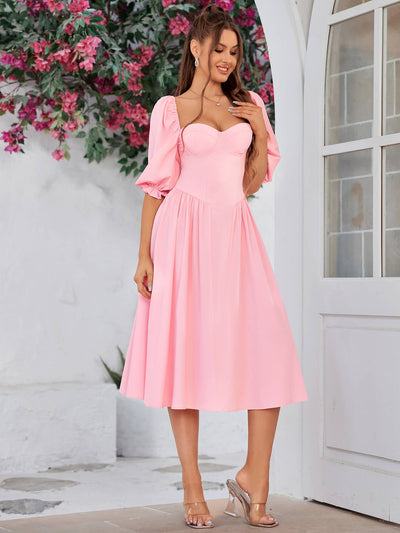lantern sleeve corset backless midi dress#color_pink