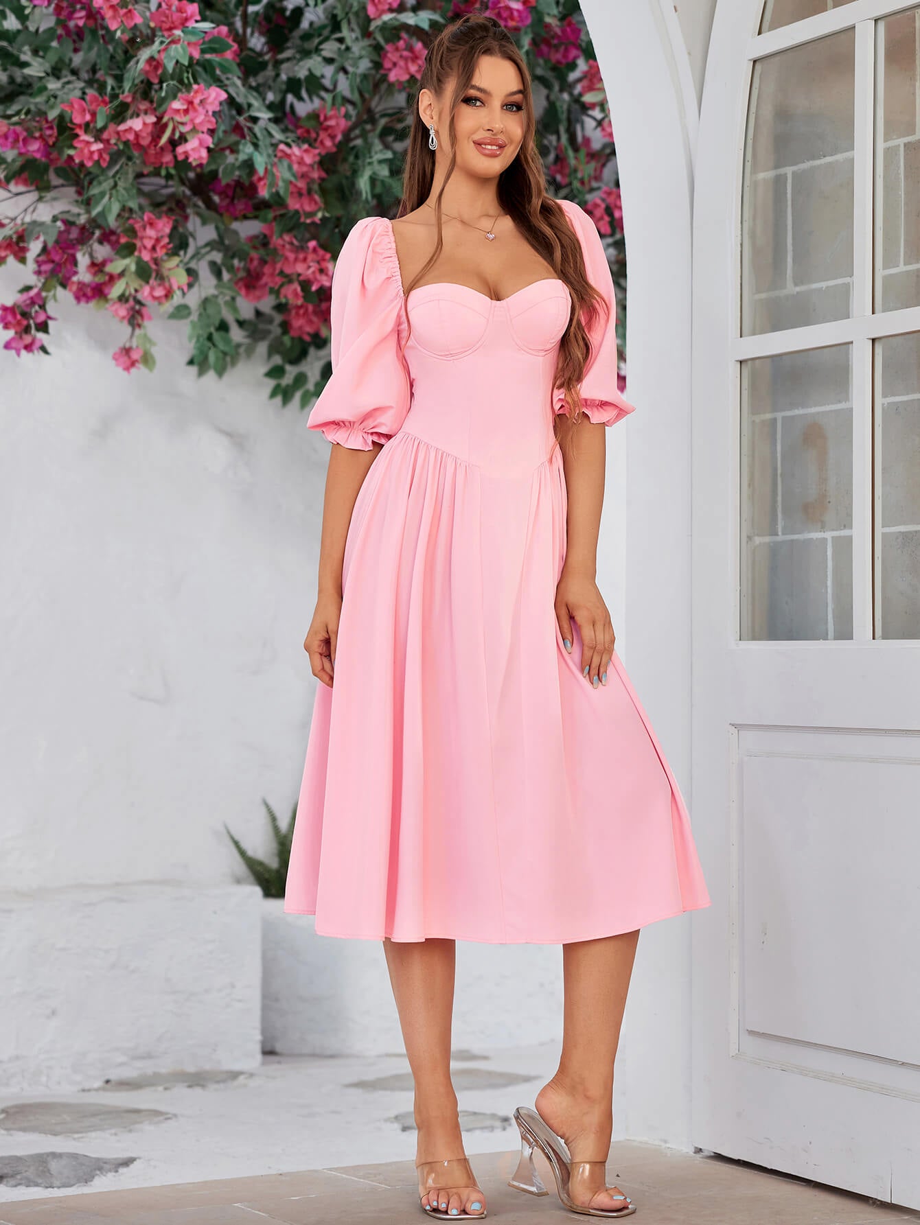 lantern sleeve backless corset midi dress#color_pink