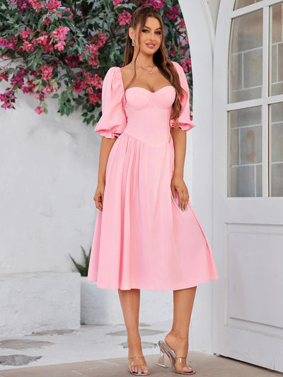 lantern sleeve corset backless long dress#color_pink