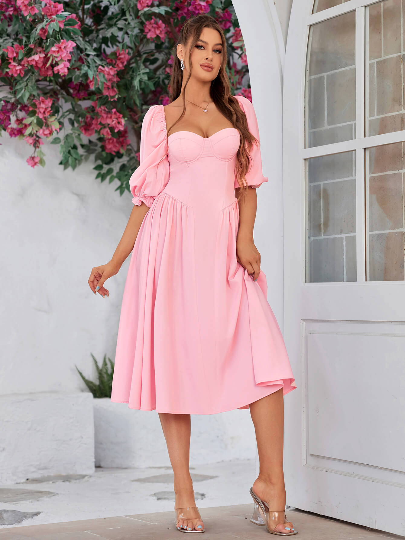 backless lantern sleeve corset midi dress#color_pink