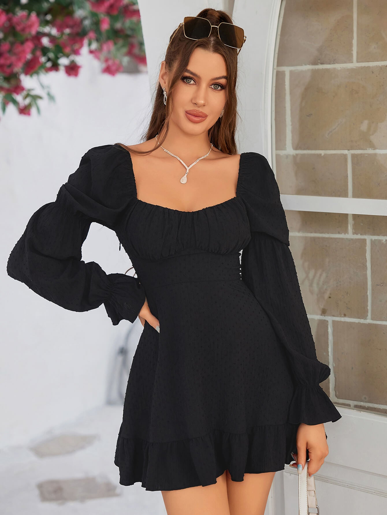 lantern sleeve ruched bodycon dress#color_black