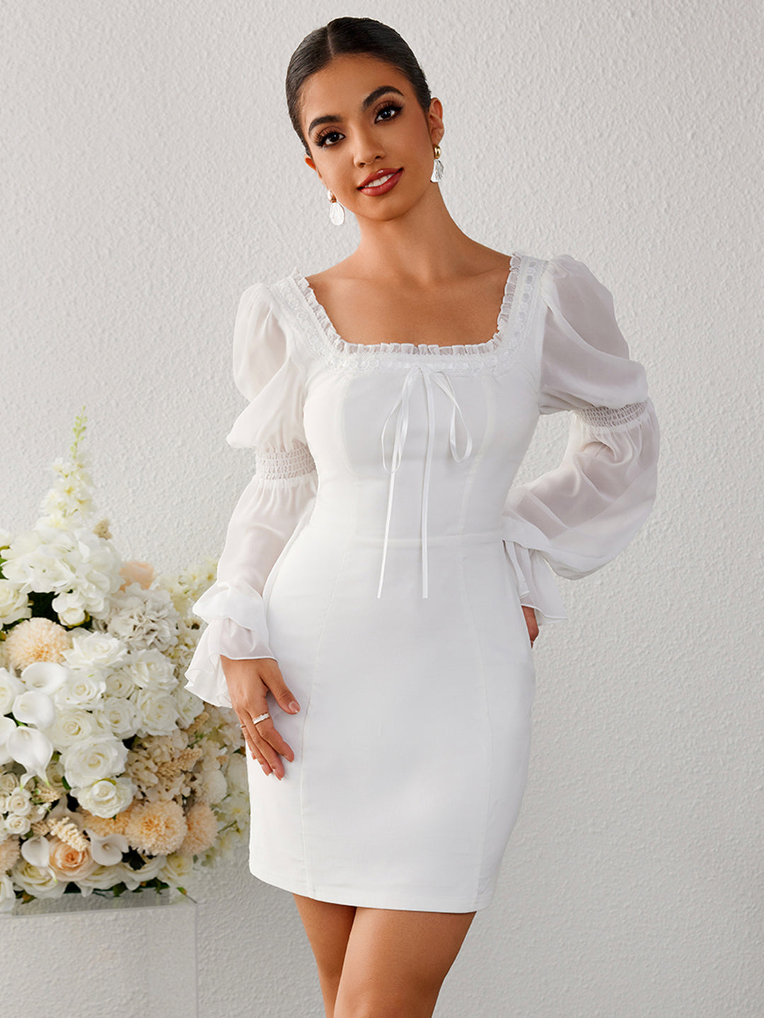 white christmas dresses Lantern Sleeve Tie Front Backless Bodycon Dress Parthea Fashion white christmas dresses Lantern Sleeve Tie Front Backless Bodycon Dress Parthea Fashion