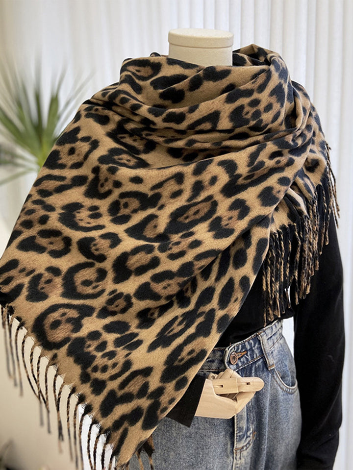 Leopard Print Fringed Scarf#color_brown