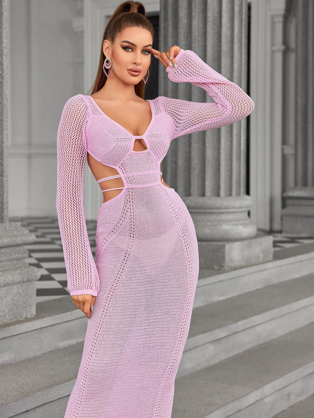 Long Sleeve Cut Out Tie Backless Sweater Dress, Pink / XS Long Sleeve Cut Out Tie Backless Sweater Dress, Pink / XS