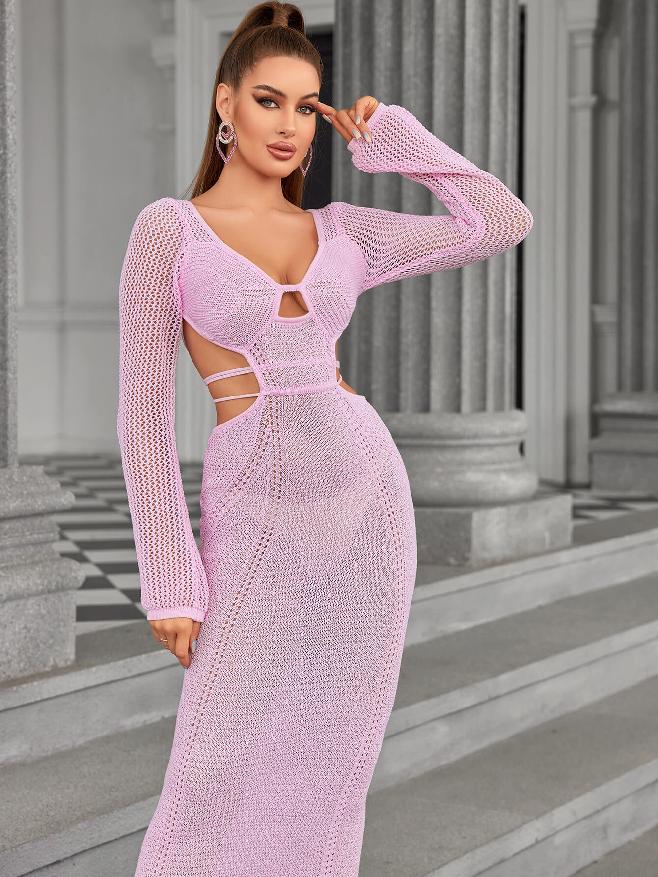 long sleeve cut out tie backless sweater pink dress#color_pink