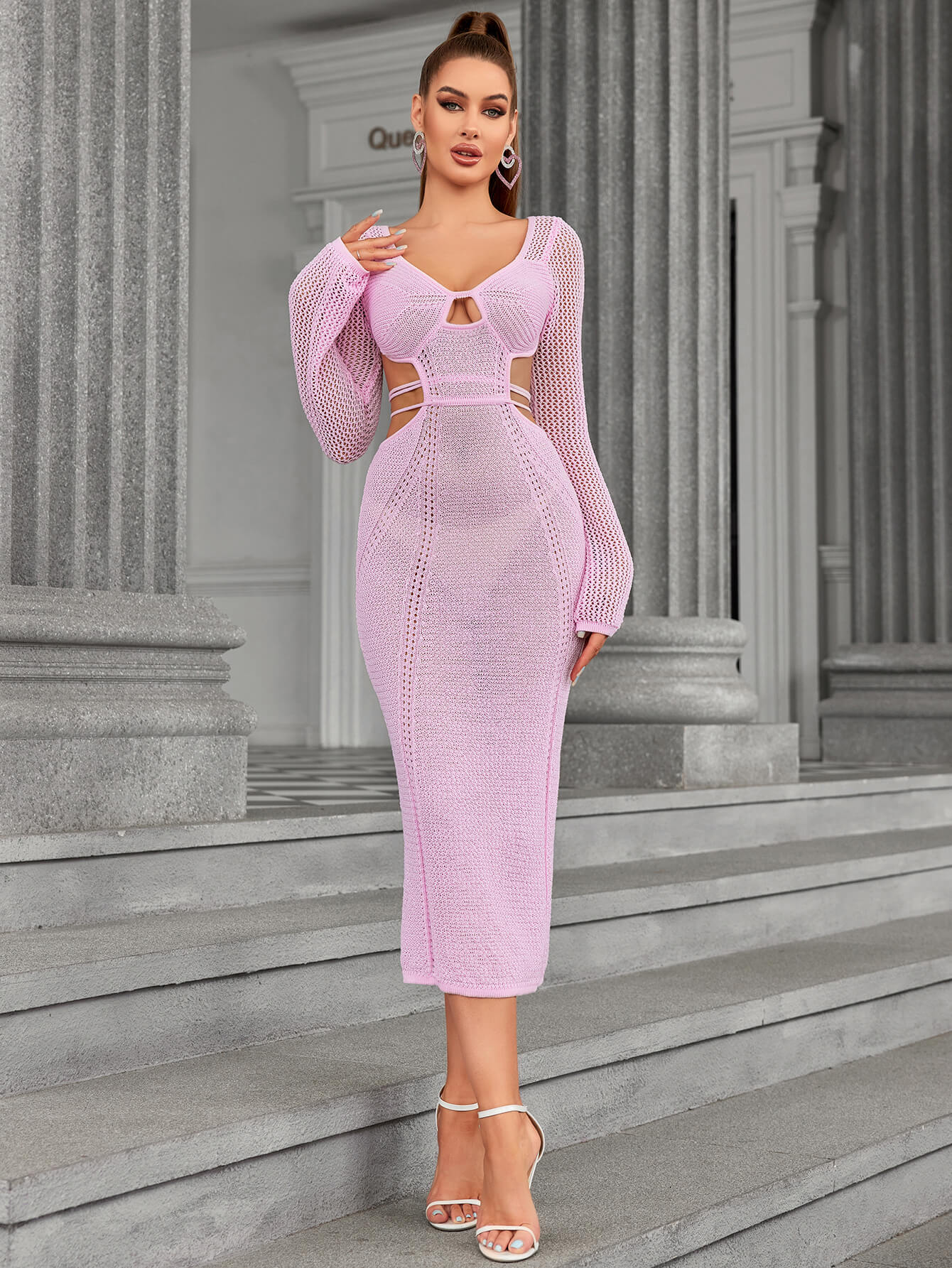 long sleeve tie backless cut out sweater maxi dress#color_pink