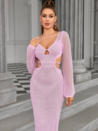 long sleeve cut out tie backless sweater dress#color_pink