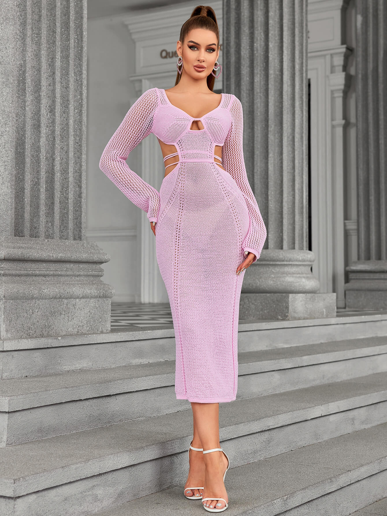 tie backless cut out long sleeve sweater dress#color_pink