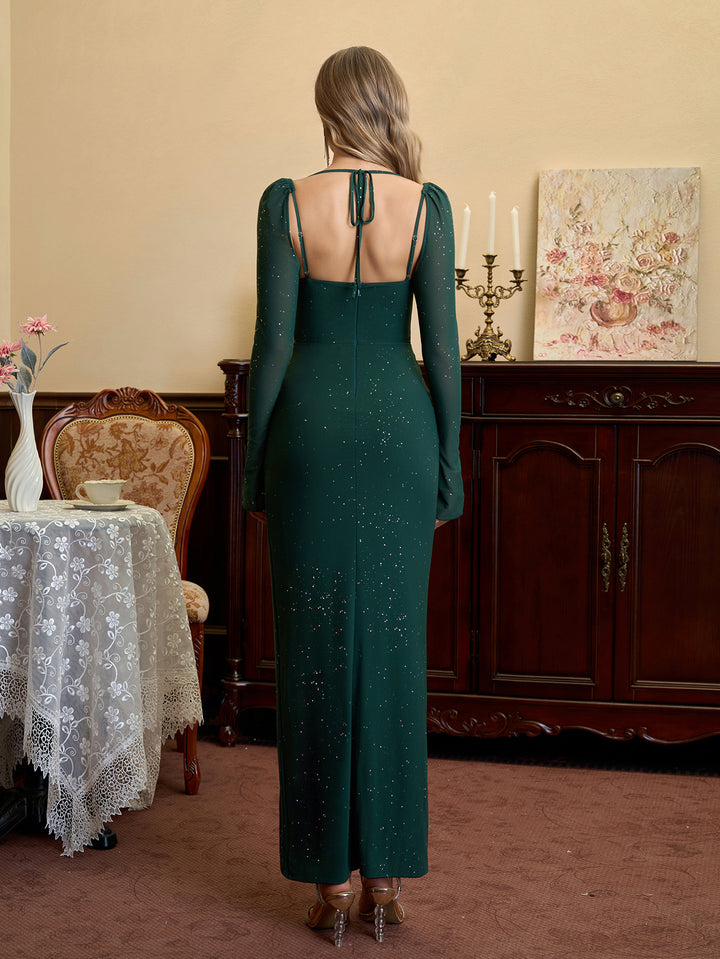 Long Sleeve Sparkly Halter Maxi Dress#color_dg