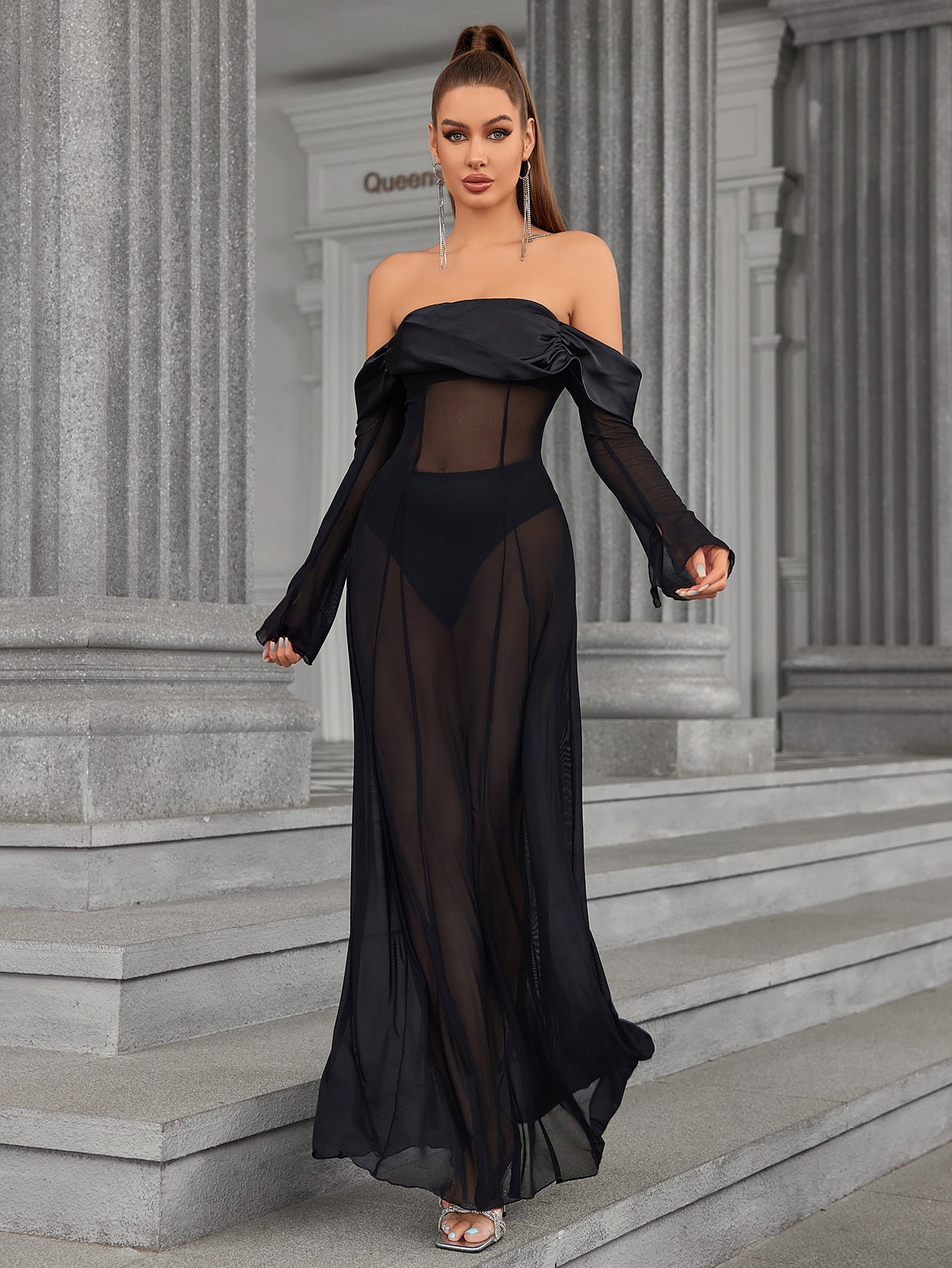 Long Sleeve Off Shoulder Satin Patchwork Mesh Dress – Parthea Fashion