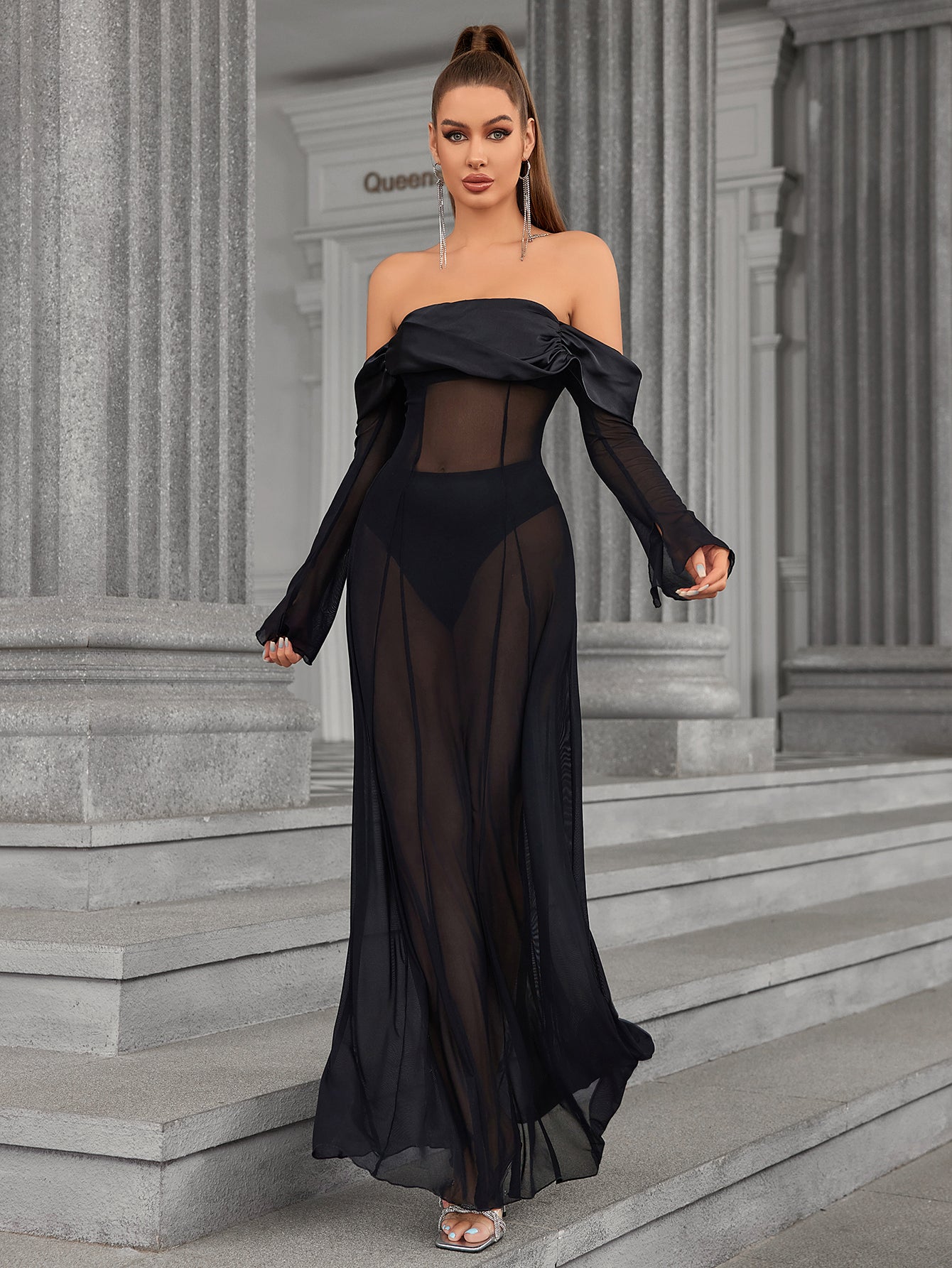 off shoulder satin patchwork mesh long sleeve dress#color_black