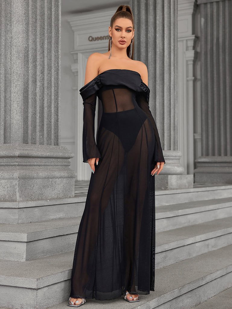 Long Sleeve Off Shoulder Satin Patchwork Mesh Dress, Black / XS Long Sleeve Off Shoulder Satin Patchwork Mesh Dress, Black / XS