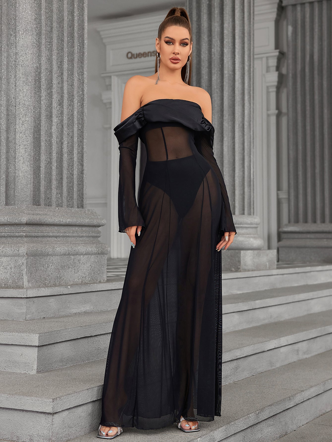 Long Sleeve Off Shoulder Satin Patchwork Mesh Dress, Black / XS