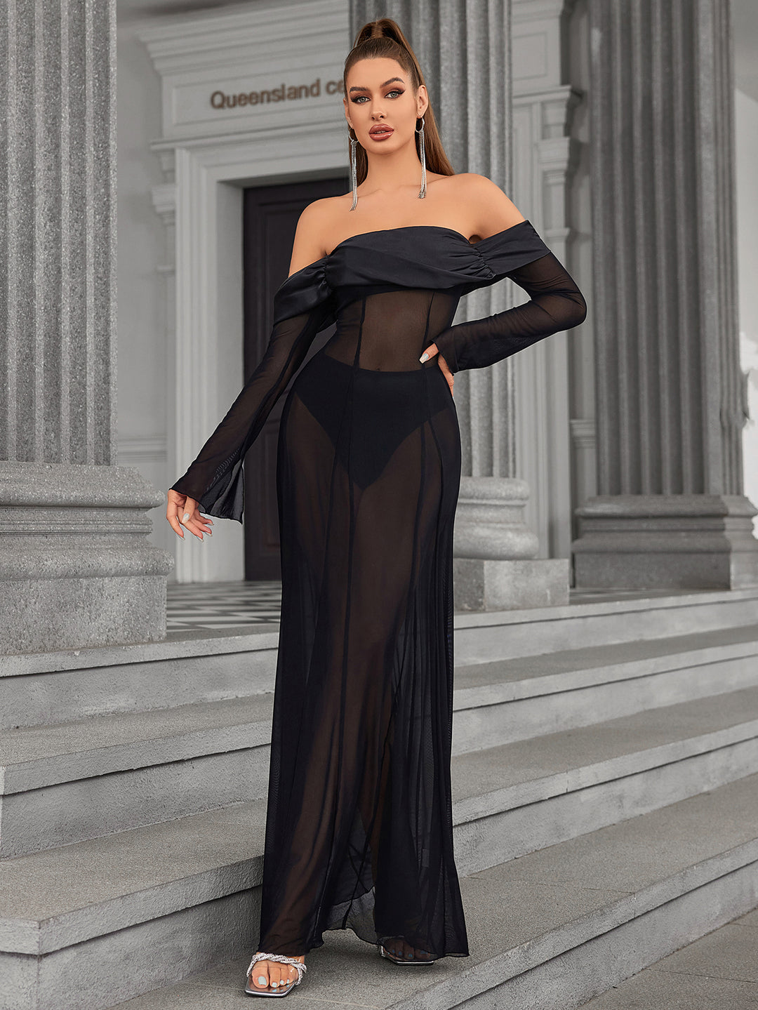 Long Sleeve Off Shoulder Satin Patchwork Mesh Dress, Black / XS Long Sleeve Off Shoulder Satin Patchwork Mesh Dress, Black / XS