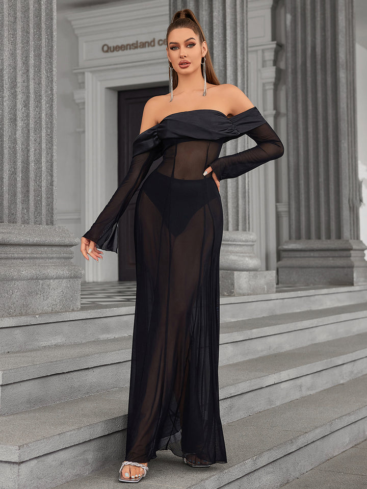 Long Sleeve Off Shoulder Satin Patchwork Mesh Dress, Black / XS Long Sleeve Off Shoulder Satin Patchwork Mesh Dress, Black / XS