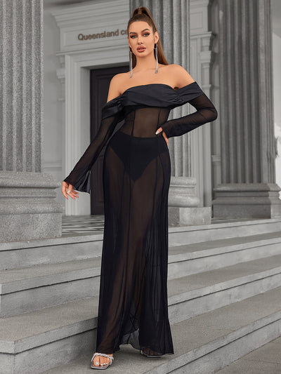 long sleeve satin patchwork mesh off shoulder dress#color_black