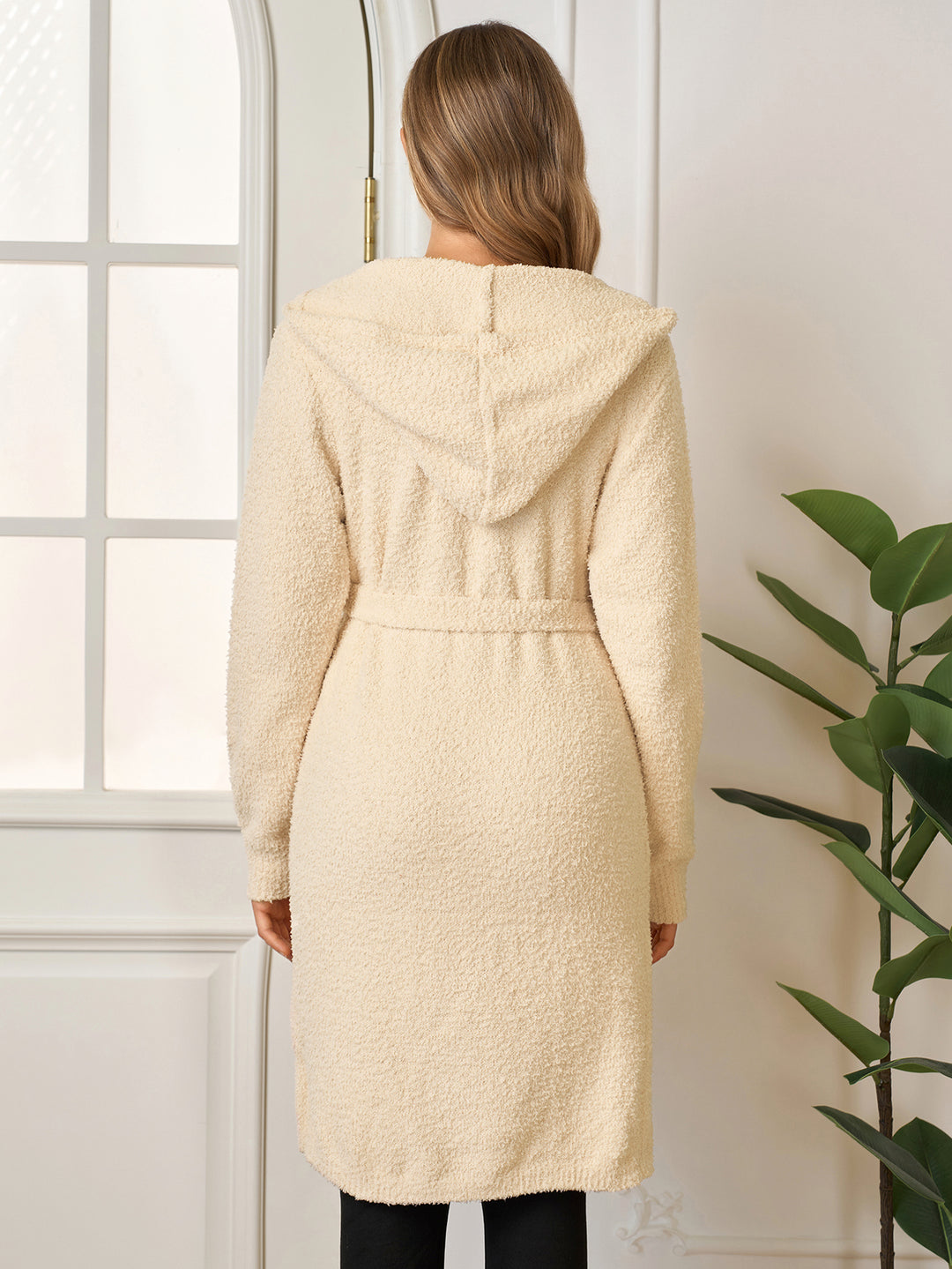 Long Sleeve Hood Pocket Belted Solid Sweater#color_ivory