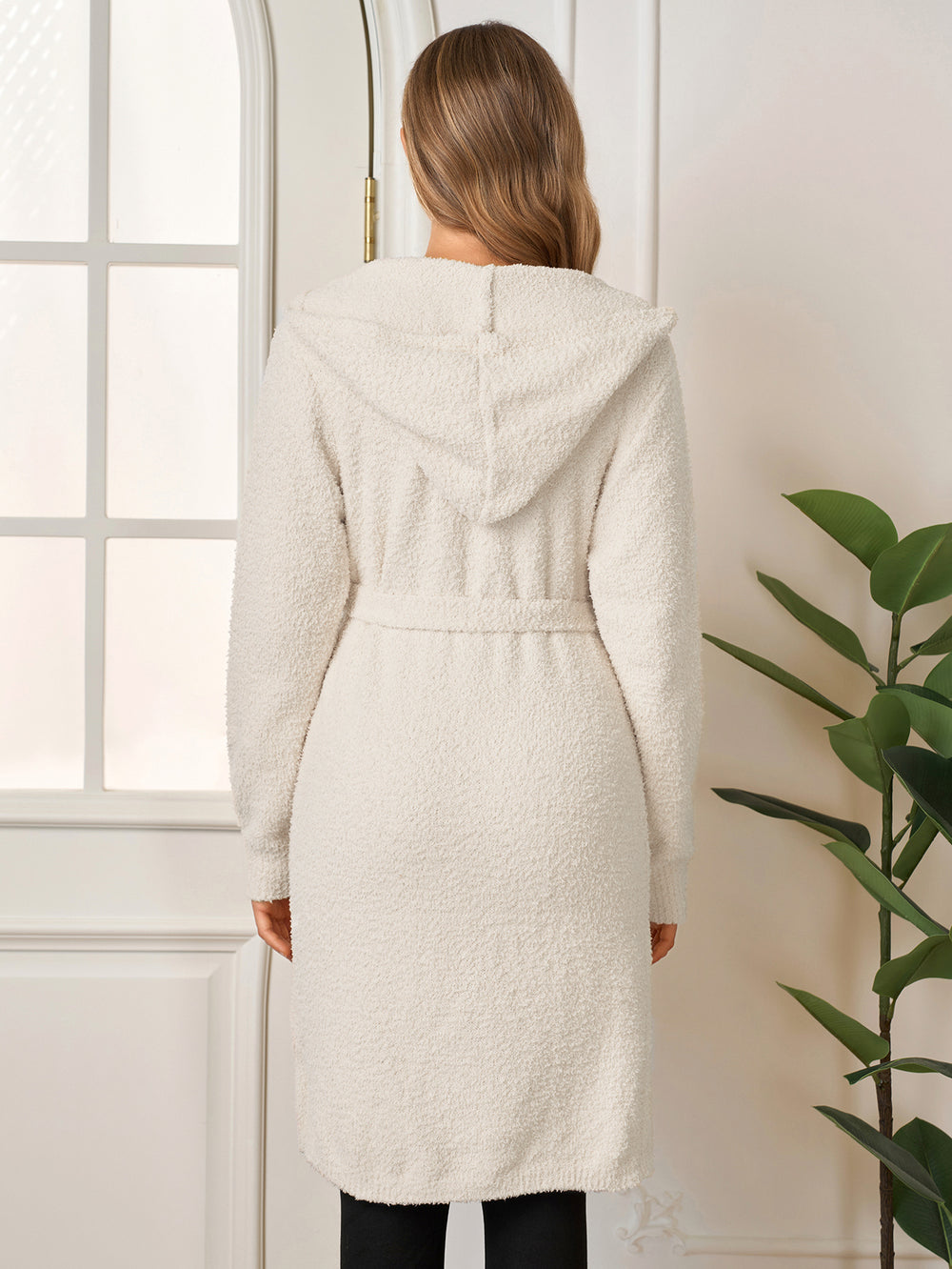 Long Sleeve Hood Pocket Belted Solid Sweater#color_white