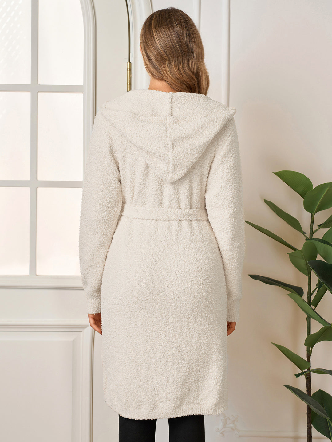 Long Sleeve Hood Pocket Belted Solid Sweater#color_white