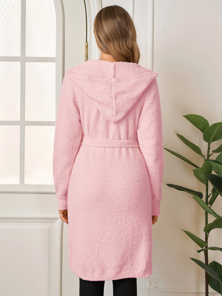 Long Sleeve Hood Pocket Belted Solid Sweater#color_pink