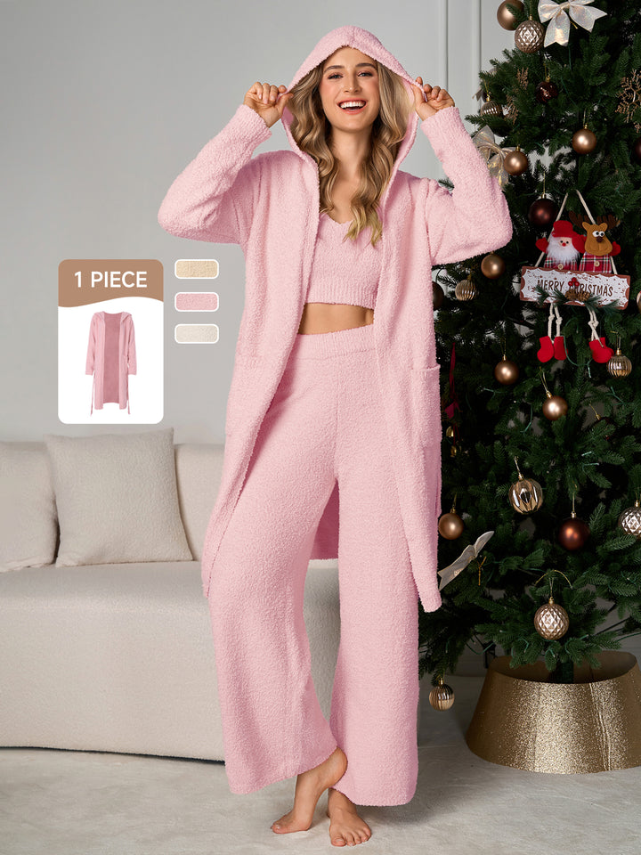 Long Sleeve Pocket Belted Hood Solid Sweater#color_pink