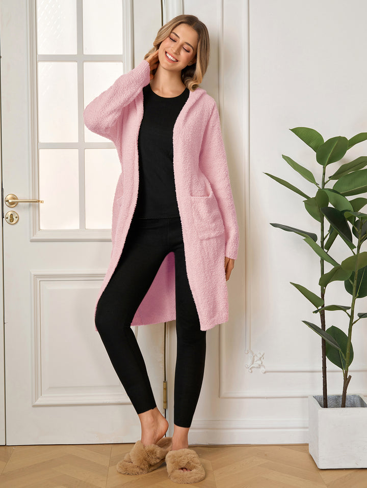 Pocket Long Sleeve Hood Belted Solid Sweater#color_pink