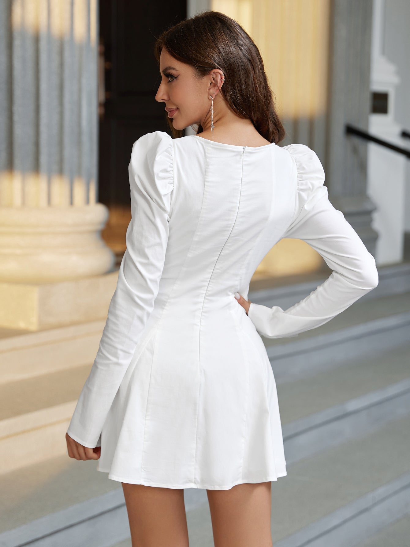 ruched bust long sleeve tie front mini dress#color_white