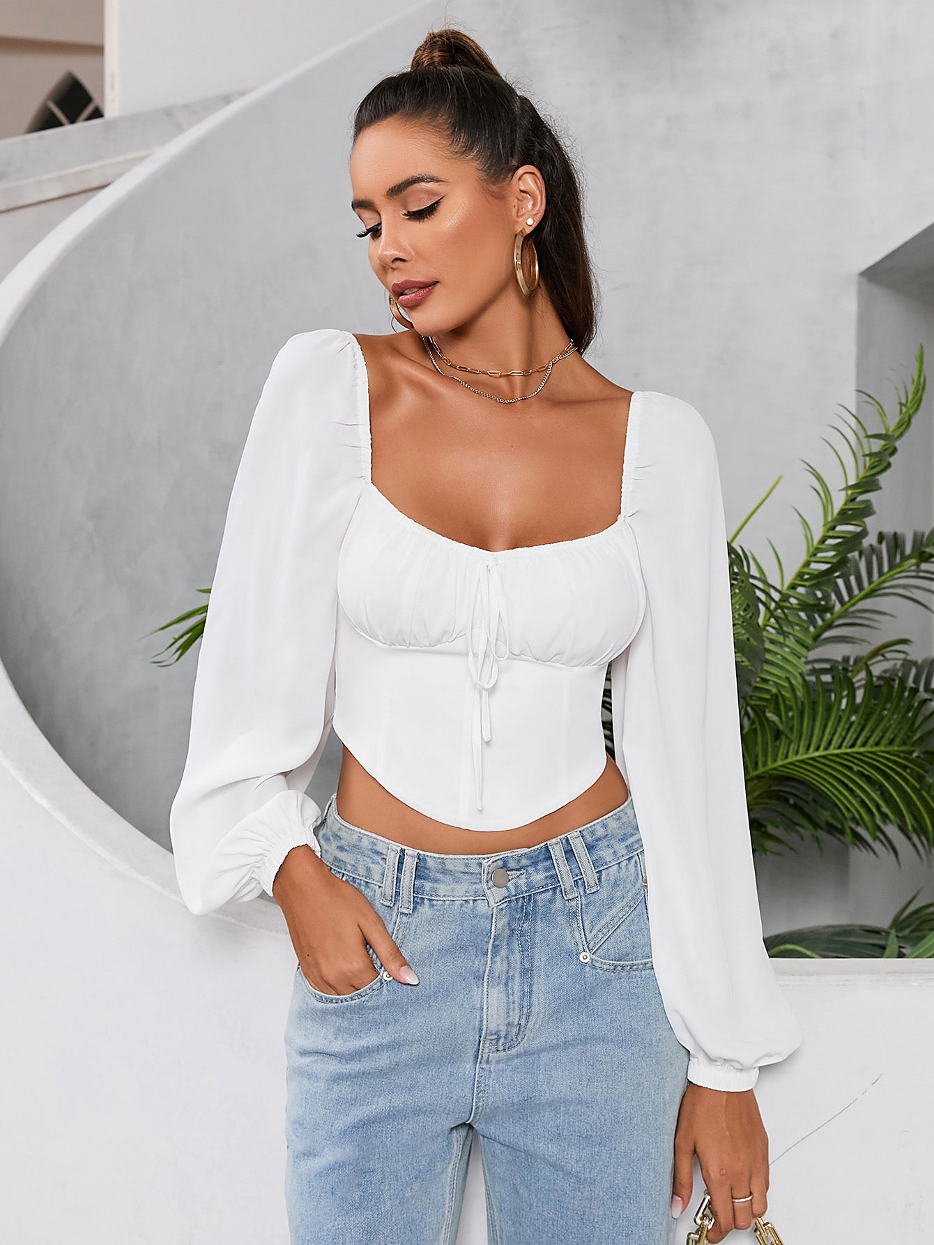 zipper back ruched bust long sleeve crop top#color_white