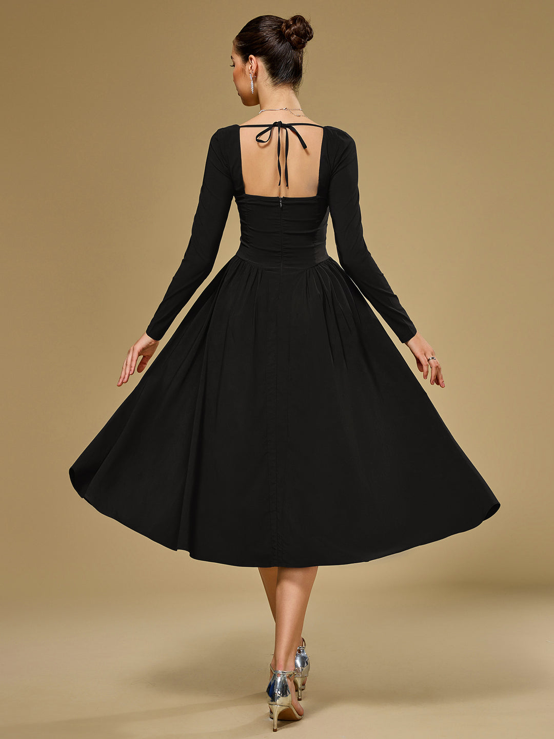 long sleeve a-line tie back dress#color_black