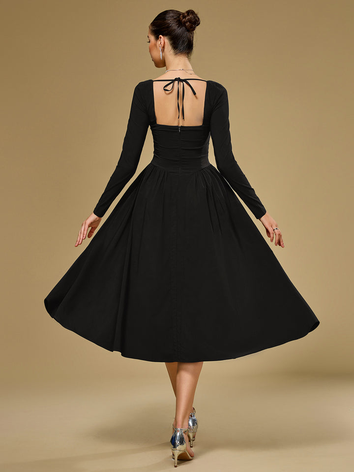 long sleeve a-line tie back dress#color_black