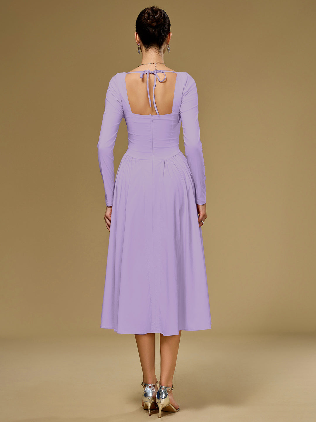 Long Sleeve A-Line Tie Back Dress#color_lilac