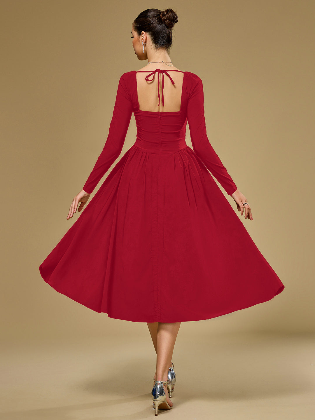 tie back long sleeve a-line dress#color_red