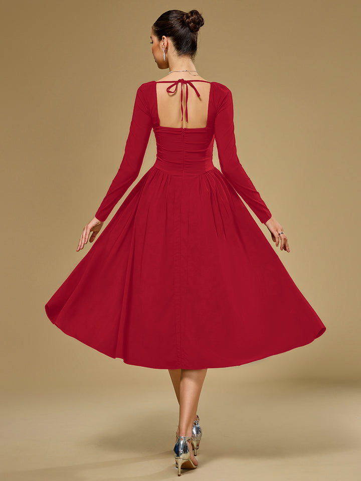 tie back long sleeve a-line dress#color_red