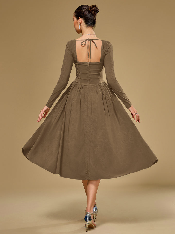 Long Sleeve A-Line Tie Back Dress#color_brown